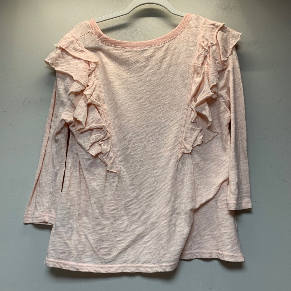 Seven7 Ruffle Top Women Large Pink Excellent Slub Knit 3/4 Sleeve Crew Neck - Picture 6 of 7